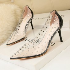 Rivet Women PVC Clear Transparent Pumps Perspex Heel Stilettos High Heels Point Toes Shoes Ladies Party Dress Shoes