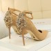 Women High Heels Ankle Buckle Strap Shoes Female Sexy Stiletto Bling Rhinestone Cover Heel Drill Fashion Red Wedding Pump